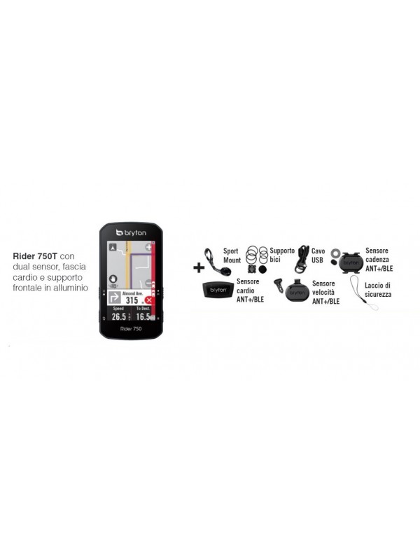 GPS Bryton Rider 750T con kit dual sensor cadenza/velocità, fascia cardio e supporto frontale in alluminio